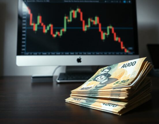 Australian dollar banknotes and declining AUD/USD chart reflecting RBA rate pause impact