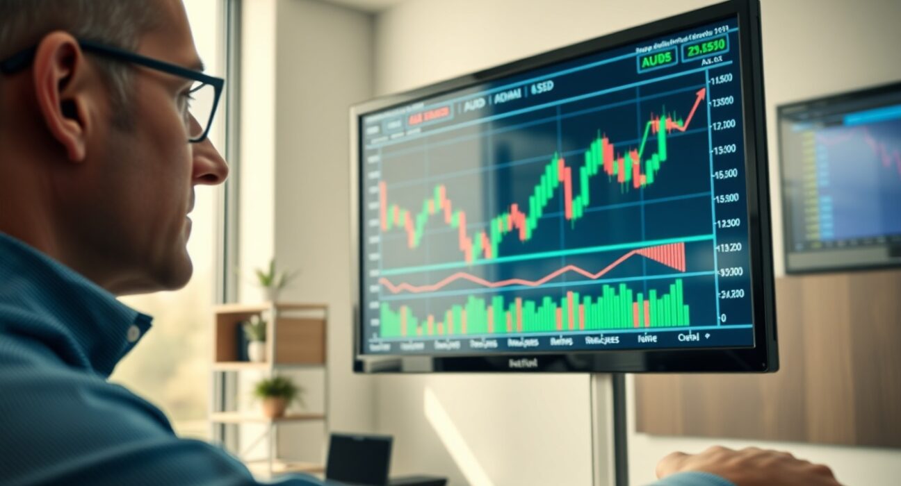 Analyst reviewing AUD/USD forex chart on digital screen in modern office
