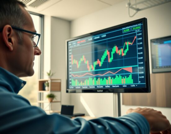Analyst reviewing AUD/USD forex chart on digital screen in modern office