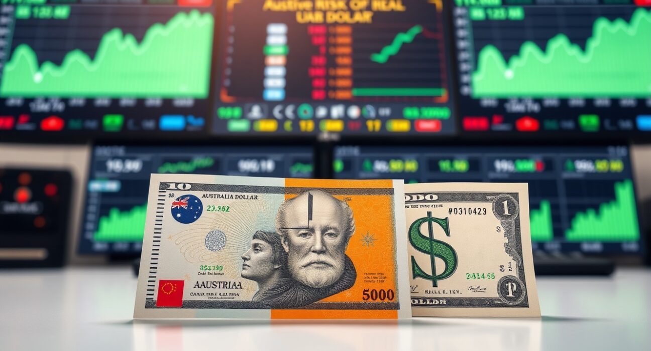 AUD/USD rebound illustration showing Australian dollar rising against US dollar with positive market charts in background