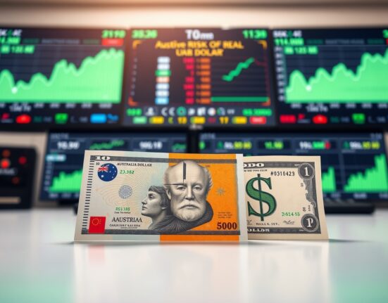 AUD/USD rebound illustration showing Australian dollar rising against US dollar with positive market charts in background