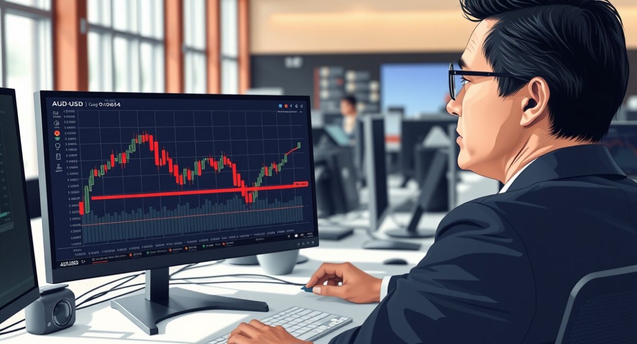 Forex trader analyzing AUD/USD chart showing recovery from 0.6840 low amid risk-off sentiment.