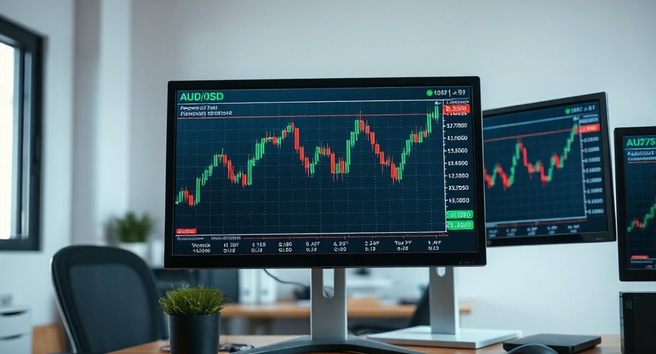 Financial trading desk monitors showing AUD/USD forex chart approaching 0.7060 resistance level