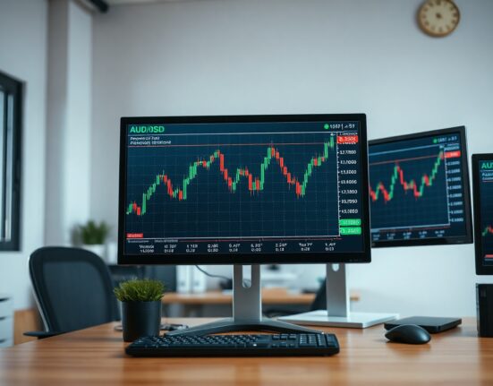Financial trading desk monitors showing AUD/USD forex chart approaching 0.7060 resistance level