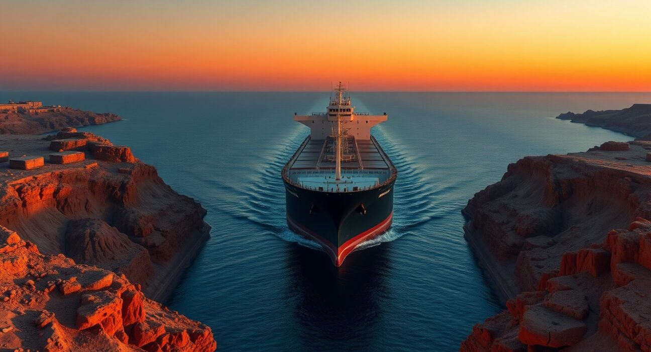 Oil tanker navigating the strategic Strait of Hormuz, a key chokepoint for global energy supplies impacting AUD/USD.