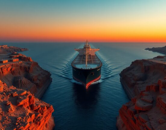 Oil tanker navigating the strategic Strait of Hormuz, a key chokepoint for global energy supplies impacting AUD/USD.