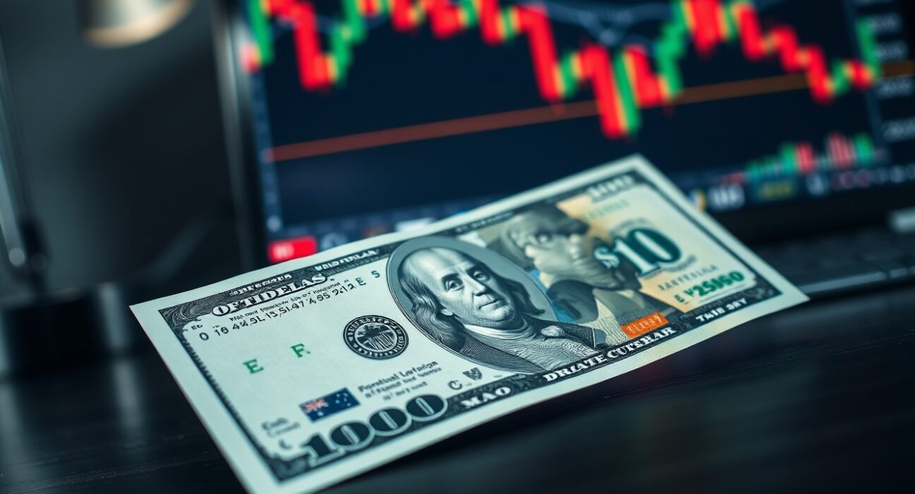 Close-up of US and Australian dollar banknotes on a trading desk with a forex chart in the background