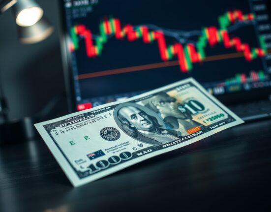 Close-up of US and Australian dollar banknotes on a trading desk with a forex chart in the background