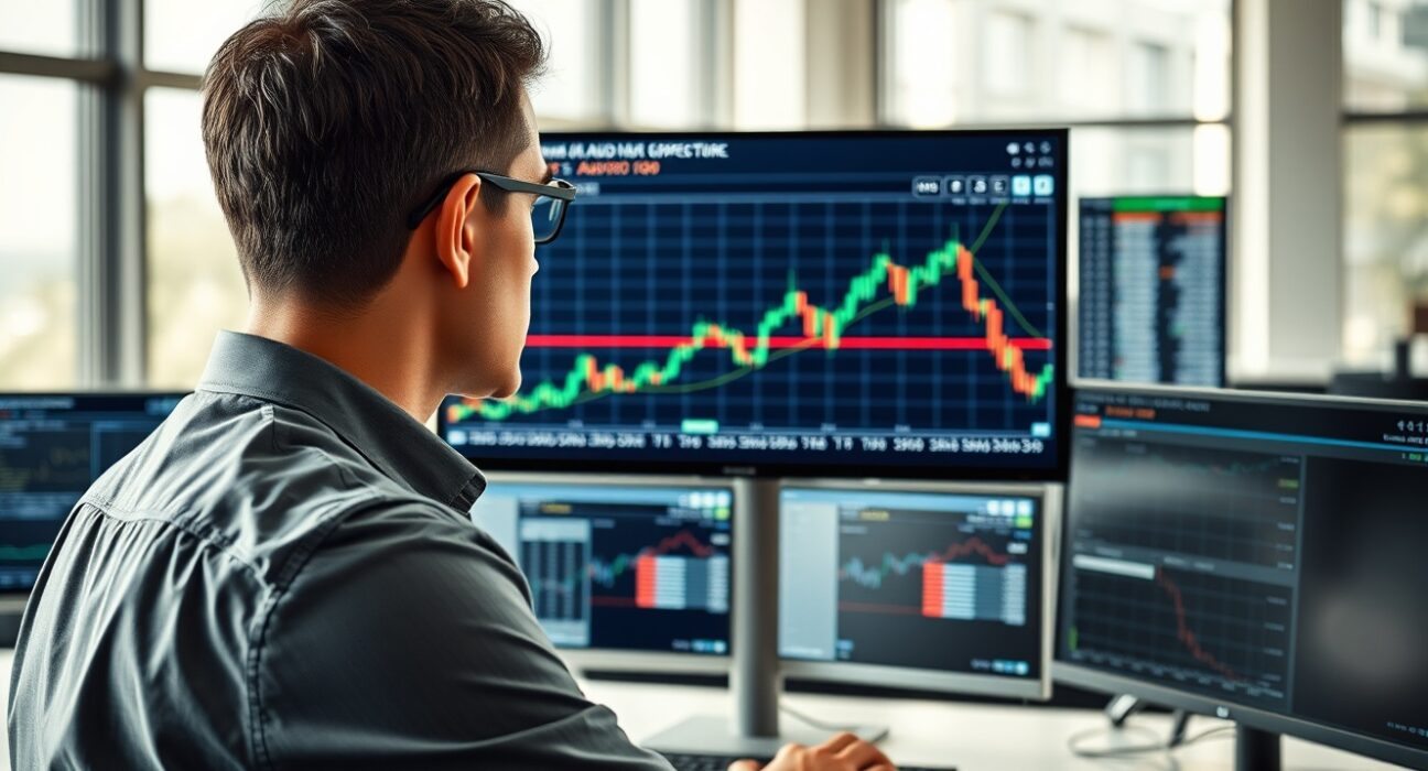 Financial analyst reviewing AUD/USD forex chart showing key resistance level at 0.7190.