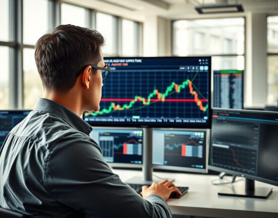 Financial analyst reviewing AUD/USD forex chart showing key resistance level at 0.7190.