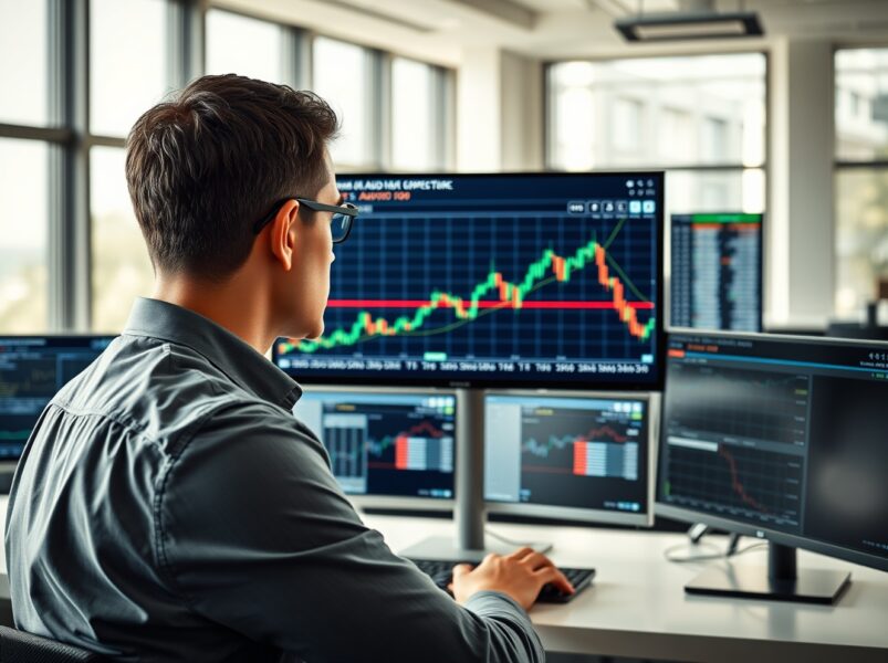 Financial analyst reviewing AUD/USD forex chart showing key resistance level at 0.7190.