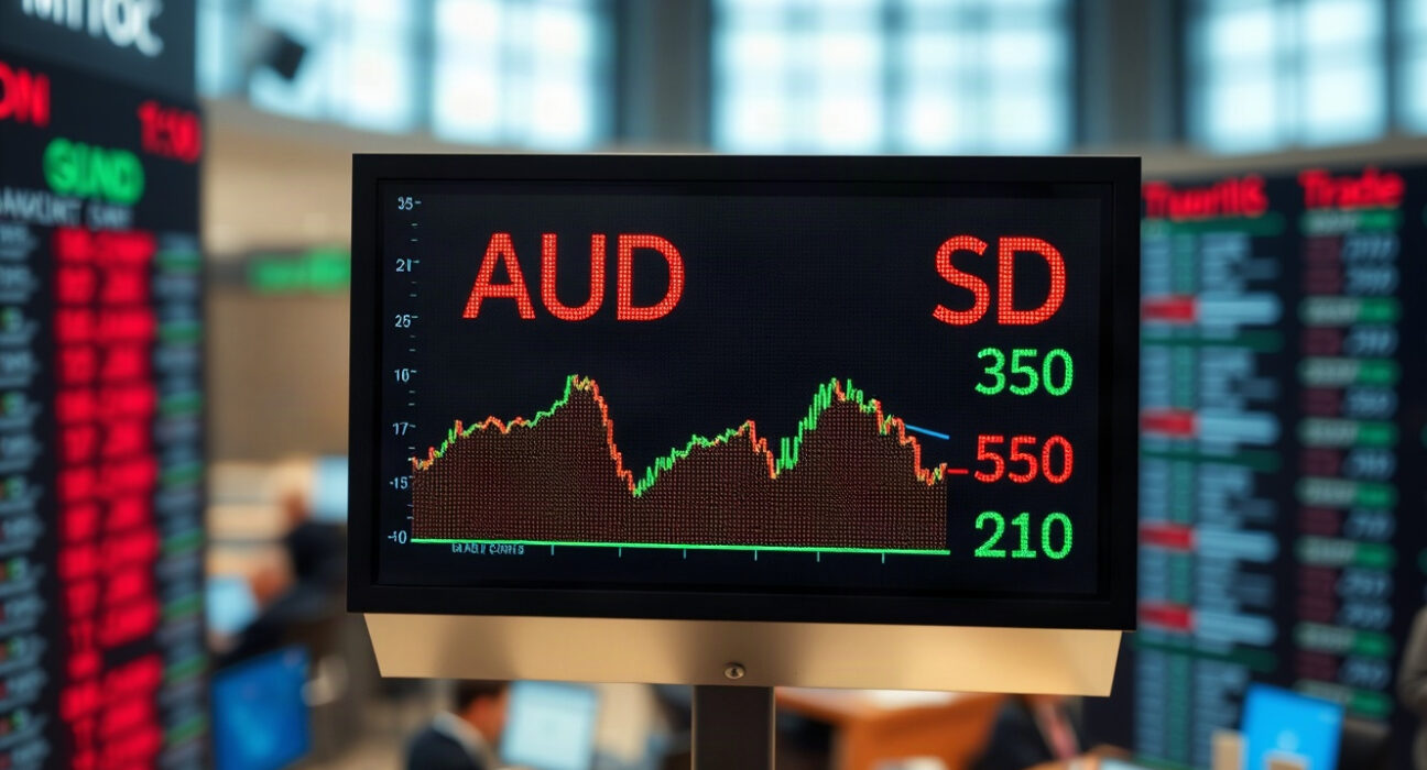 AUD/USD currency chart on a trading screen with the Australian dollar retreating from highs.