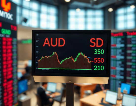AUD/USD currency chart on a trading screen with the Australian dollar retreating from highs.