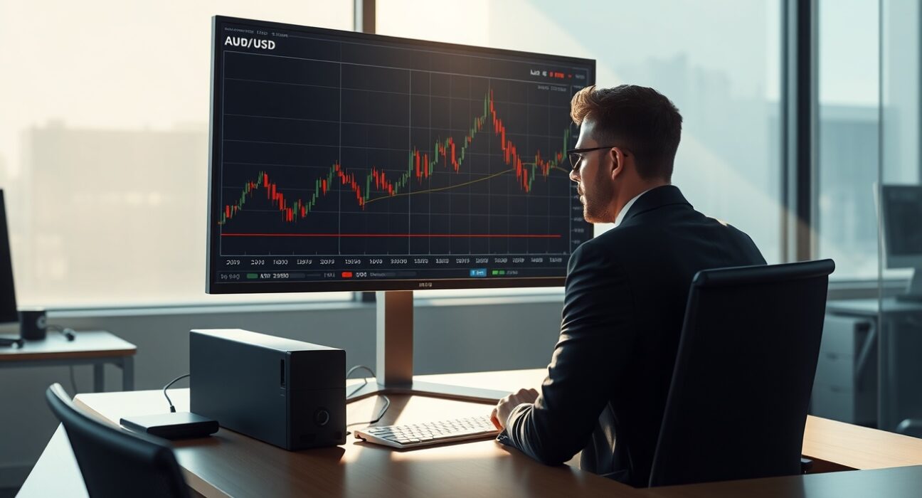 Forex analyst monitoring AUD/USD chart as geopolitical ceasefire hopes influence currency markets.