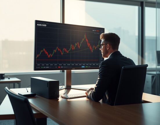 Forex analyst monitoring AUD/USD chart as geopolitical ceasefire hopes influence currency markets.