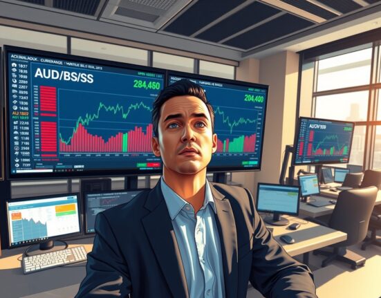Professional forex trader analyzing AUD/USD currency pair movements with Chinese economic data on trading desk monitors