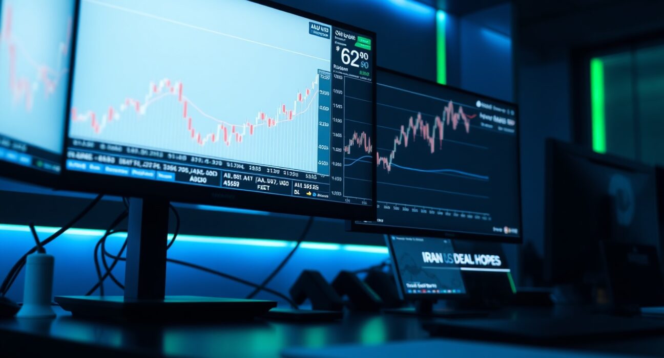 Financial trading desk monitors showing AUD/USD forex chart with upward trend and news about Iran-US deal hopes.