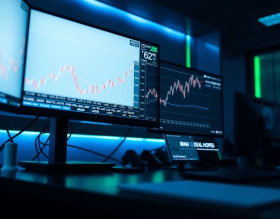 Financial trading desk monitors showing AUD/USD forex chart with upward trend and news about Iran-US deal hopes.