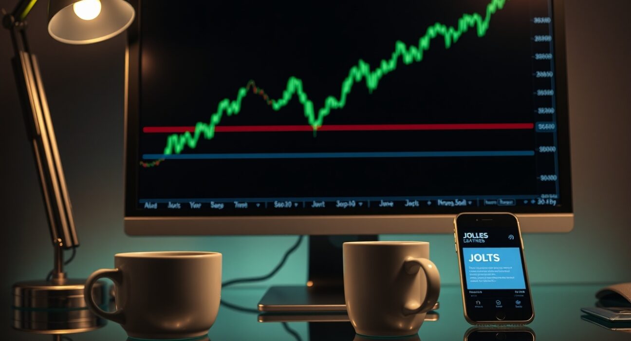 Forex trading chart showing AUD/USD pair rising on a computer monitor in a professional trading environment