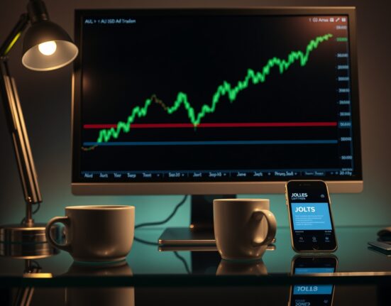 Forex trading chart showing AUD/USD pair rising on a computer monitor in a professional trading environment