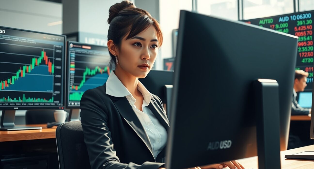 Forex trader analyzing AUD/USD currency pair rise on trading desk monitors.