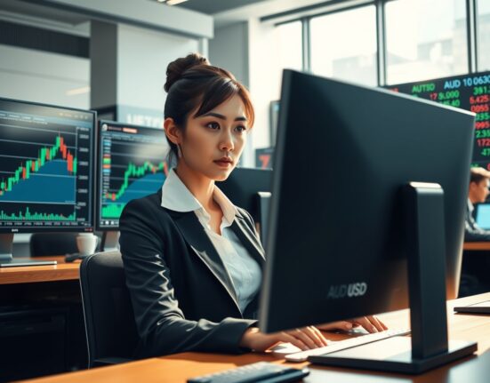 Forex trader analyzing AUD/USD currency pair rise on trading desk monitors.