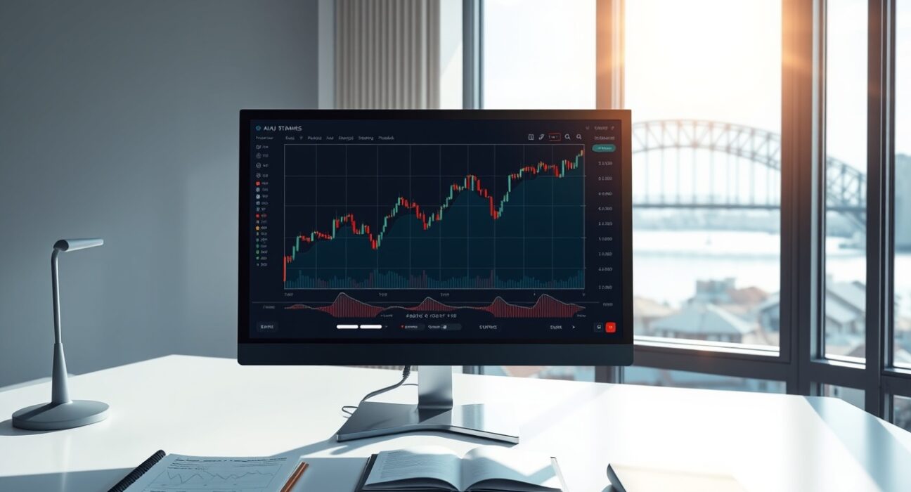 AUD/USD trading analysis showing Australian dollar strength against US dollar on forex trading monitor