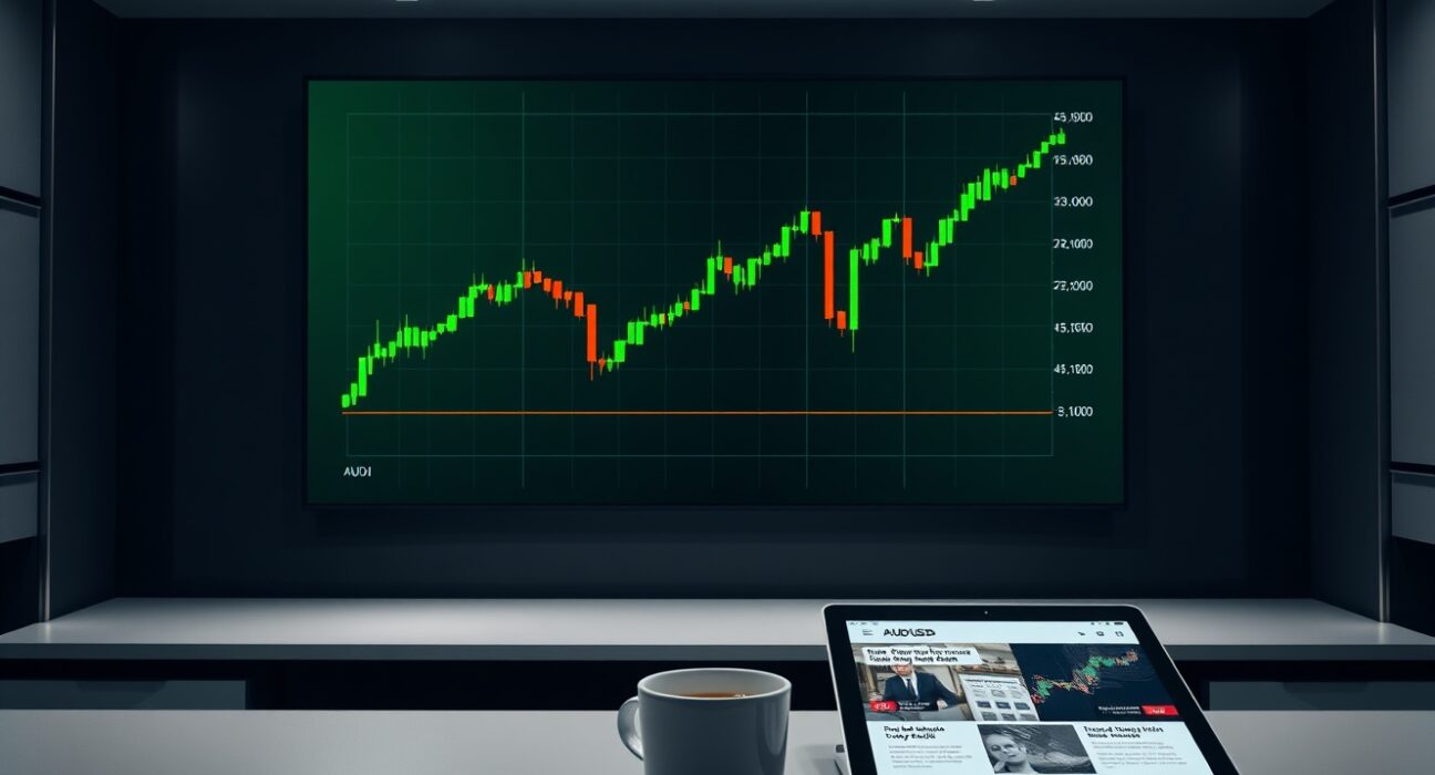 AUD/USD chart rising on a display in a financial news studio, representing forex market movement.