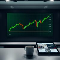 AUD/USD chart rising on a display in a financial news studio, representing forex market movement.