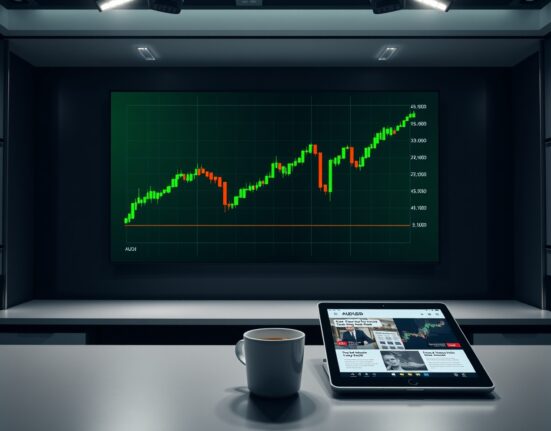 AUD/USD chart rising on a display in a financial news studio, representing forex market movement.