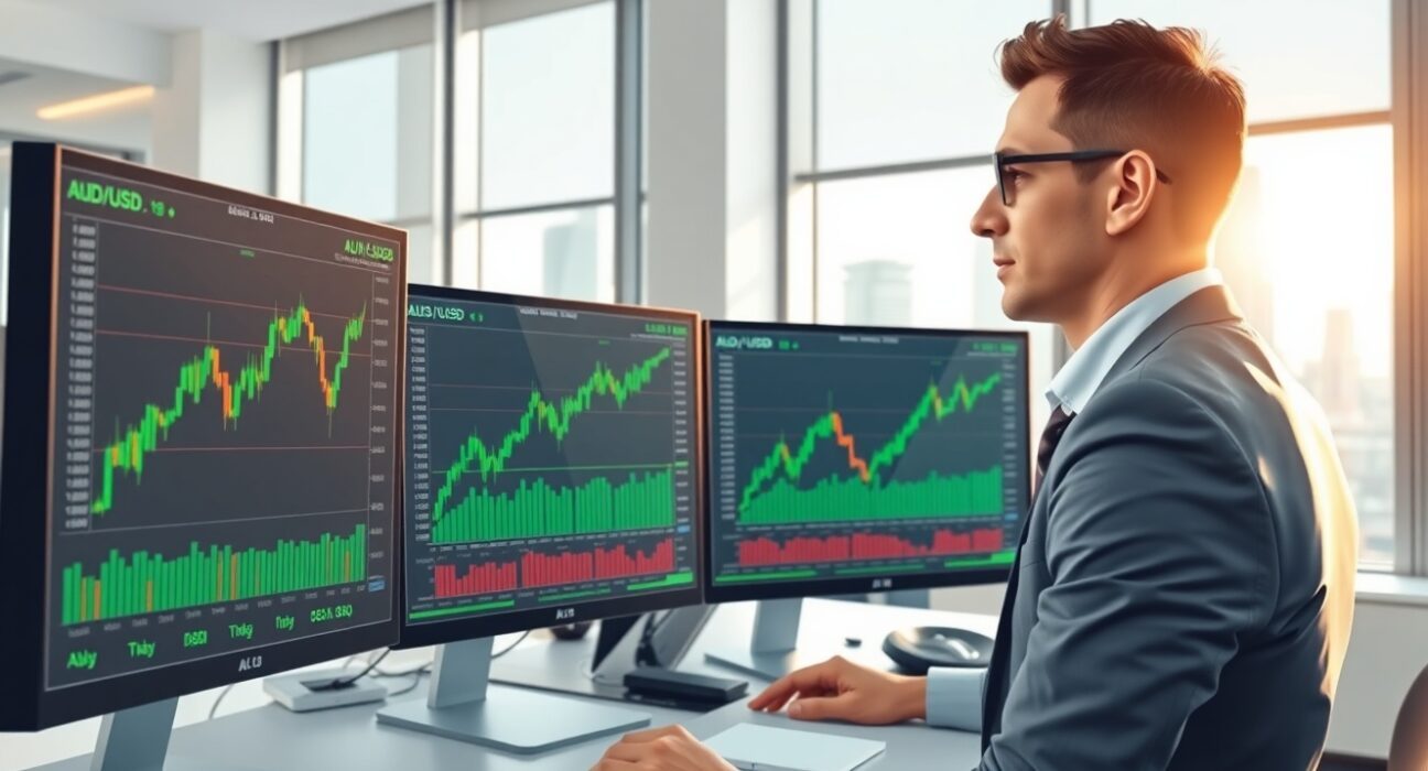Professional forex trader analyzing AUD/USD currency charts during RBA rate decision period
