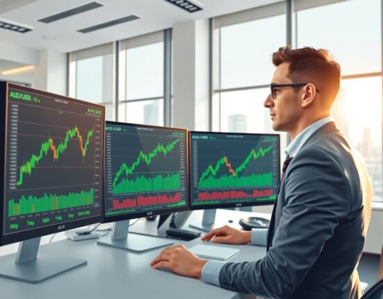 Professional forex trader analyzing AUD/USD currency charts during RBA rate decision period