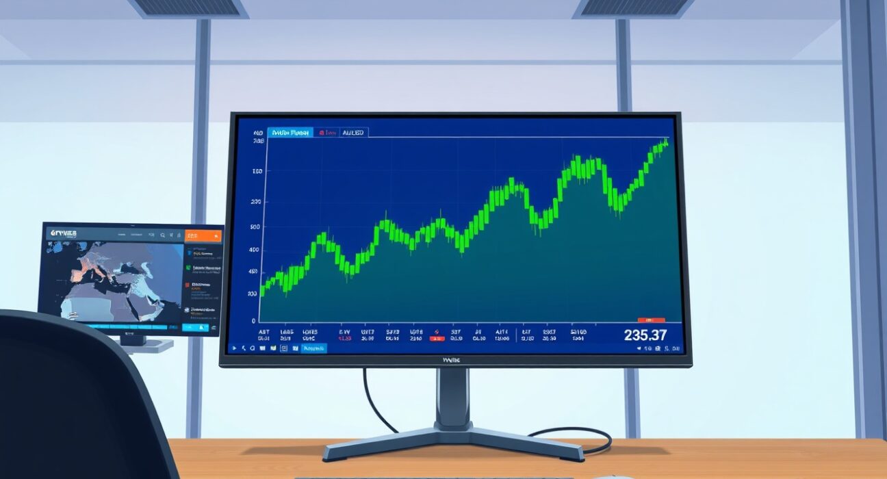 AUD/USD forex chart trending upward on a trading desk monitor, reflecting improved market risk sentiment.