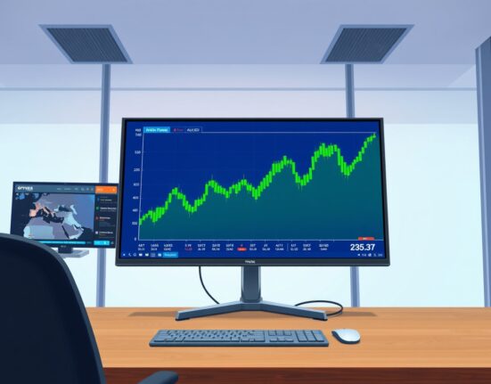 AUD/USD forex chart trending upward on a trading desk monitor, reflecting improved market risk sentiment.