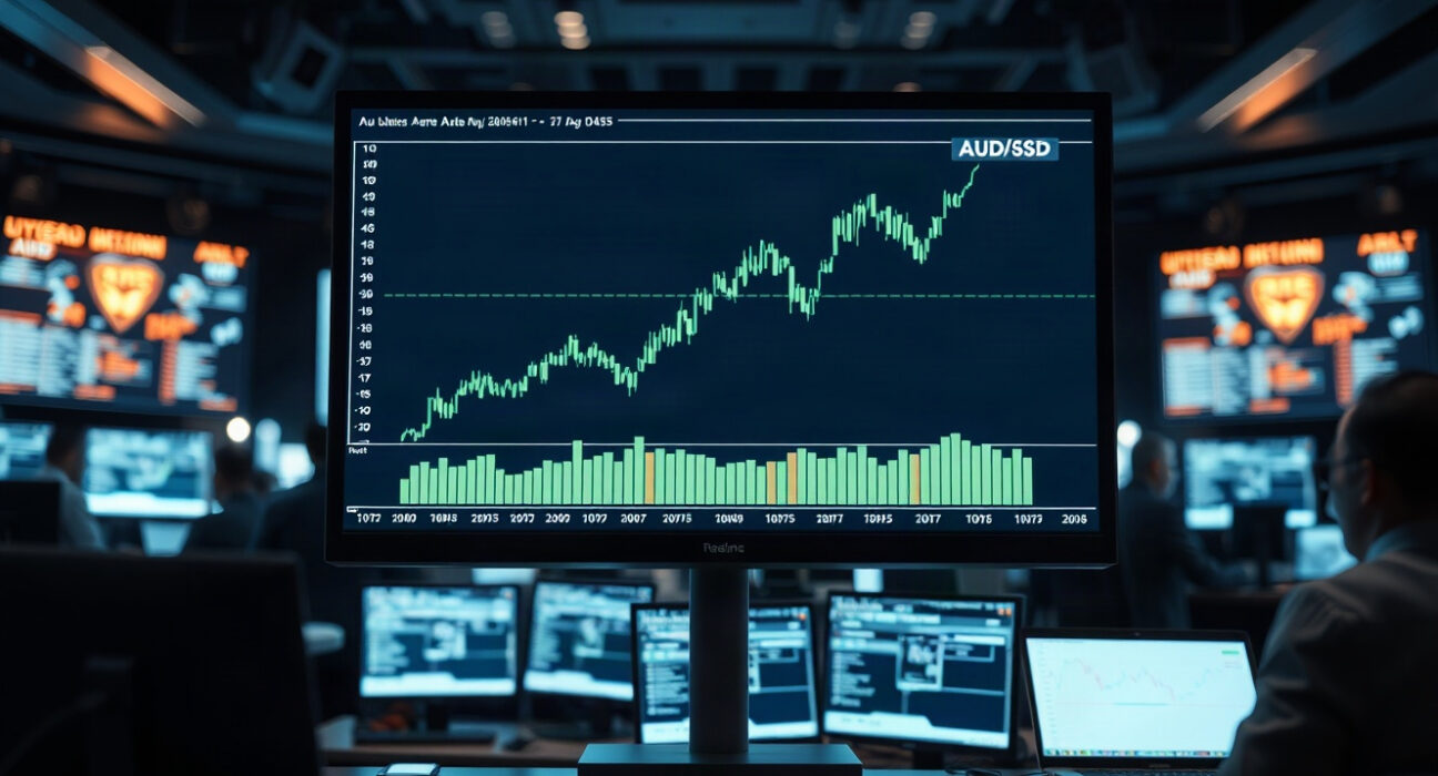 AUD/USD currency chart showing an upward trend on a trading floor monitor.