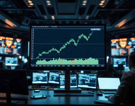 AUD/USD currency chart showing an upward trend on a trading floor monitor.