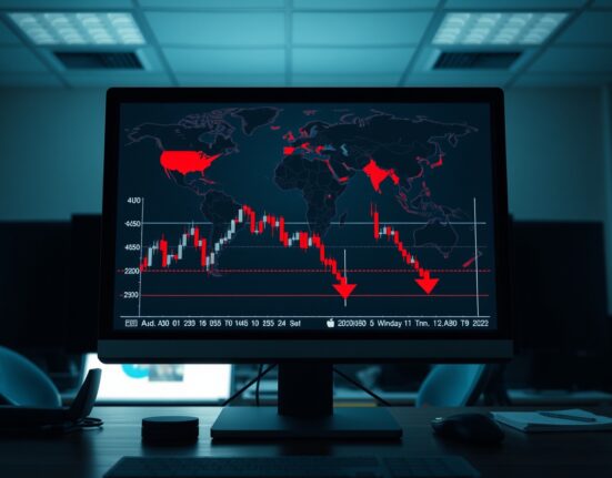 AUD/USD slides on a forex chart as US Dollar gains strength amid geopolitical tensions before the Federal Reserve decision.