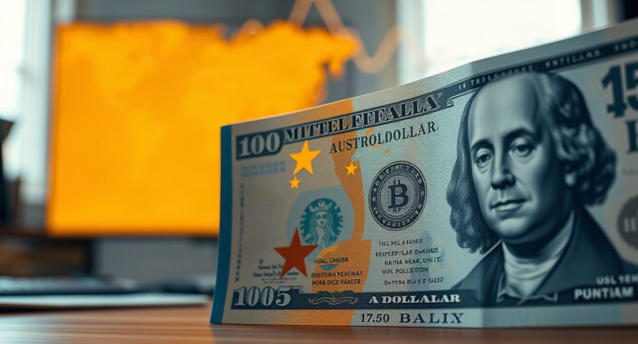 Australian and US dollar banknotes with a financial chart background, representing currency market volatility.