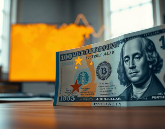 Australian and US dollar banknotes with a financial chart background, representing currency market volatility.
