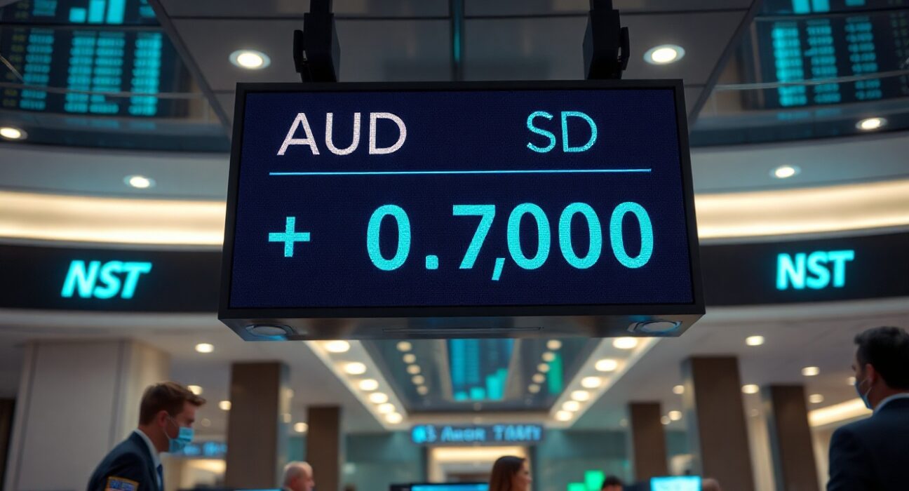 Digital currency exchange board showing AUD/USD exchange rate near 0.7000 in a modern financial setting