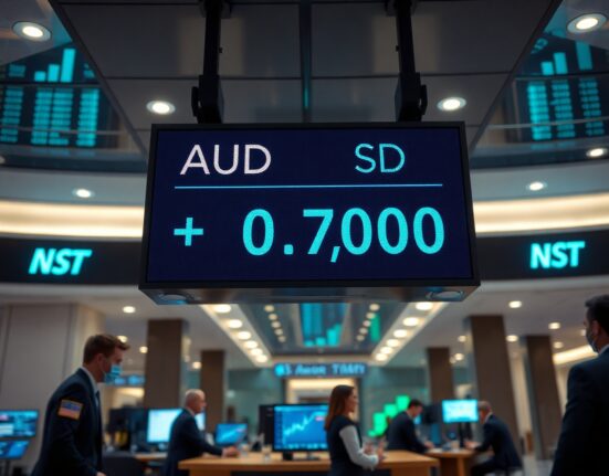 Digital currency exchange board showing AUD/USD exchange rate near 0.7000 in a modern financial setting