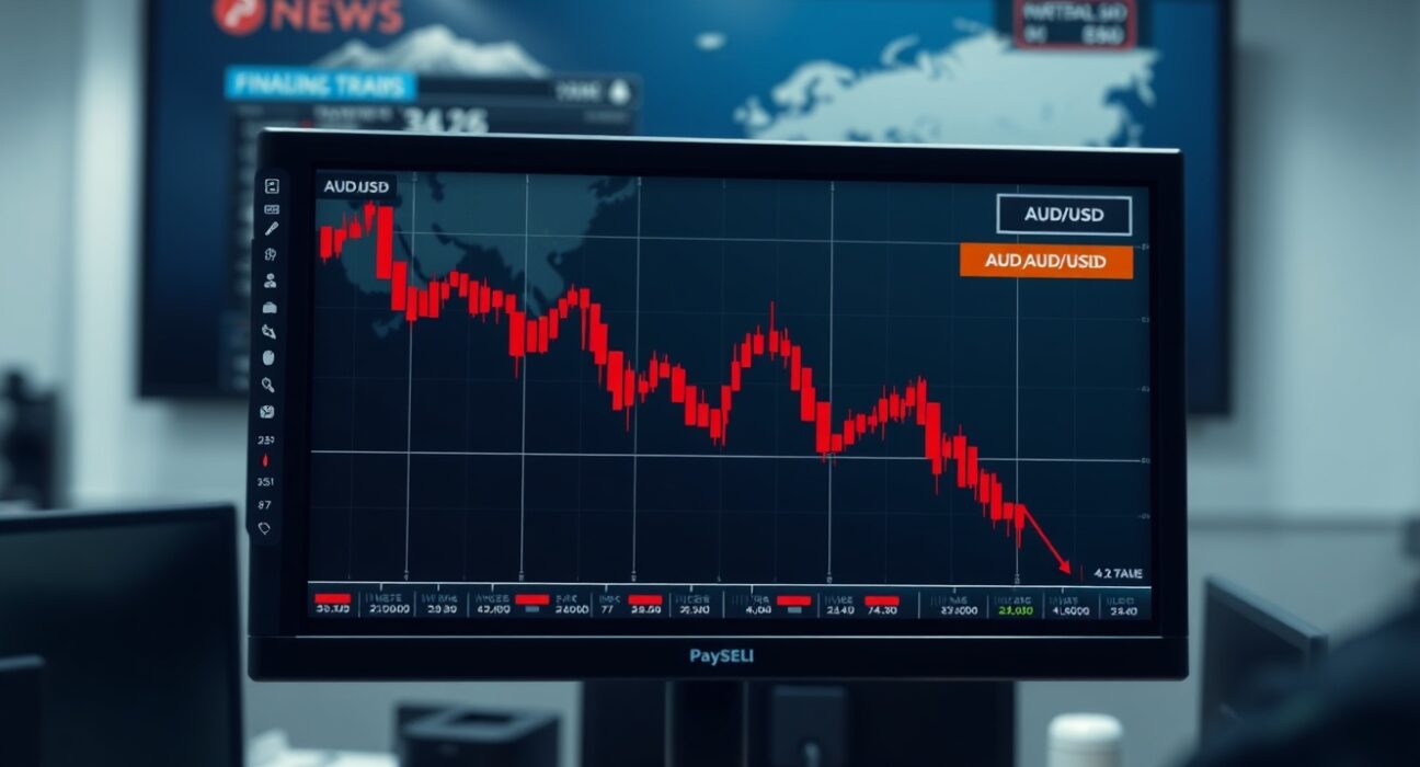 AUD/USD forex chart plunging as Trump escalates conflict with Iran, impacting currency and oil markets.