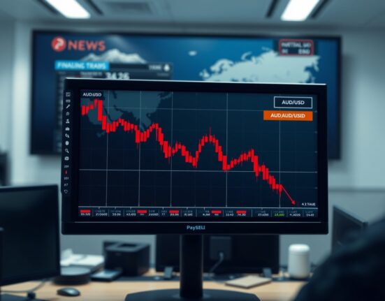 AUD/USD forex chart plunging as Trump escalates conflict with Iran, impacting currency and oil markets.