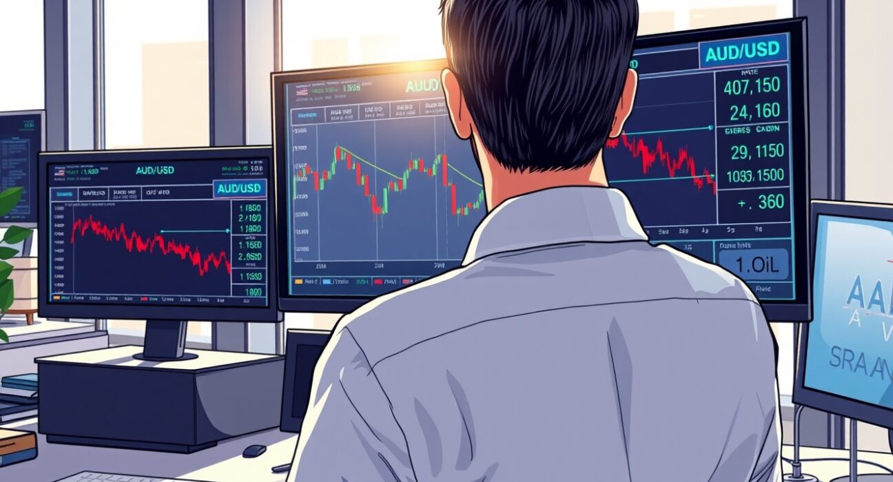 Forex trader analyzing AUD/USD decline amid oil price volatility and geopolitical tensions in Sydney markets.