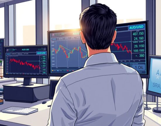 Forex trader analyzing AUD/USD decline amid oil price volatility and geopolitical tensions in Sydney markets.