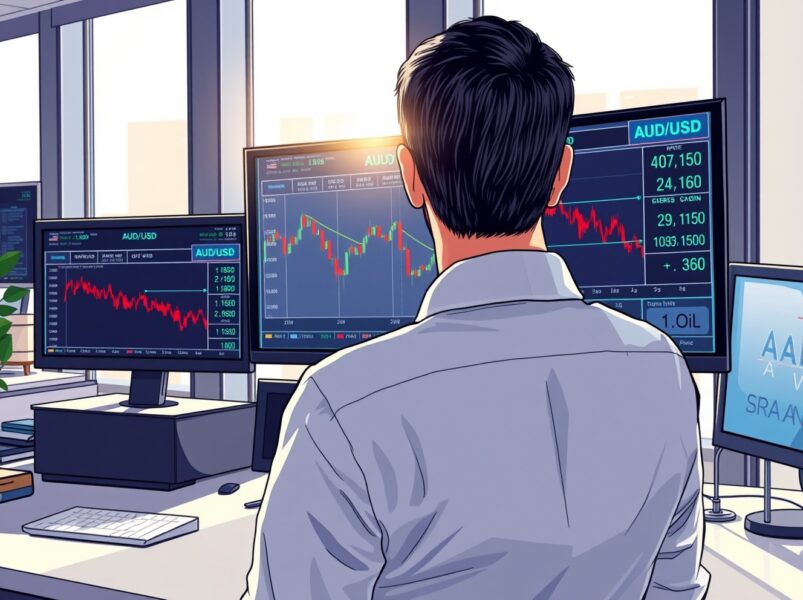 Forex trader analyzing AUD/USD decline amid oil price volatility and geopolitical tensions in Sydney markets.