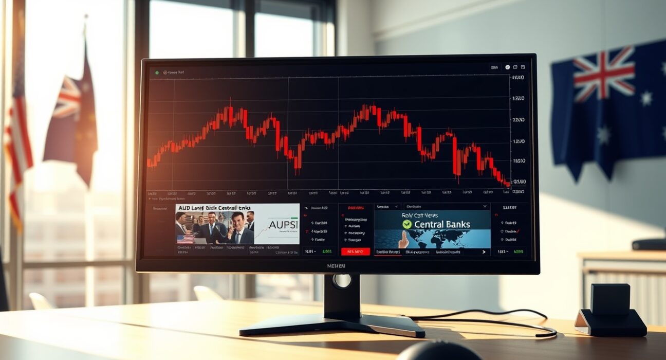 AUD/USD forex chart analysis showing decline amid central bank policies and geopolitical risks