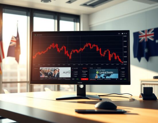 AUD/USD forex chart analysis showing decline amid central bank policies and geopolitical risks