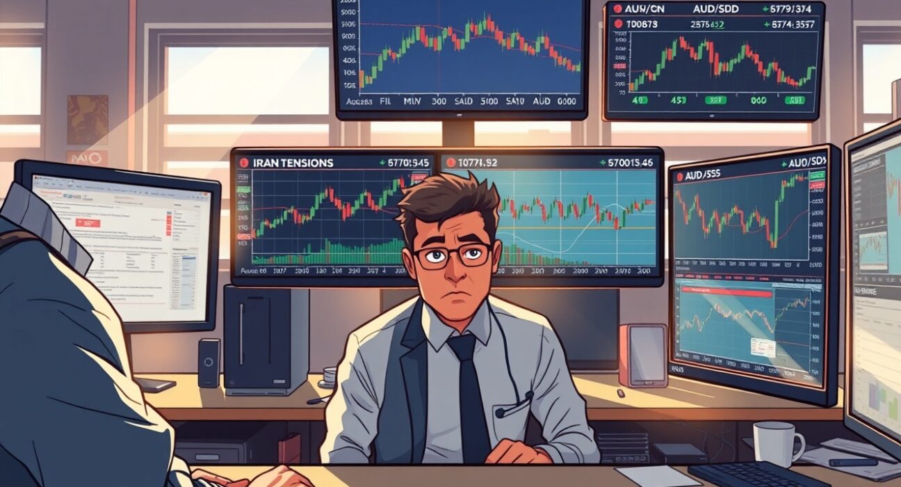 AUD/USD currency pair declining on trading screens amid Iran tensions news