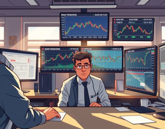 AUD/USD currency pair declining on trading screens amid Iran tensions news